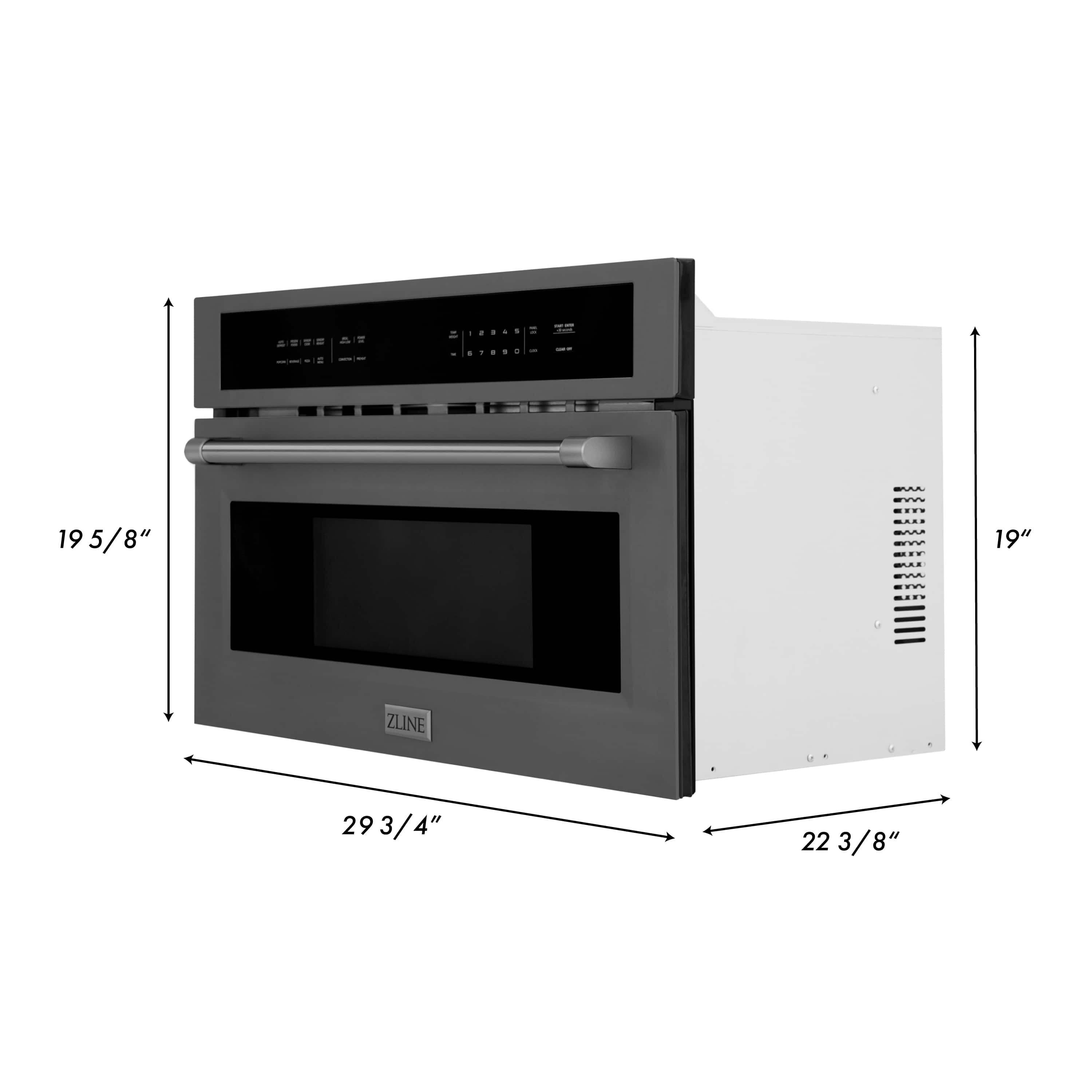 Electric wall oven with stainless body, side venting, and front handle; dimension view.