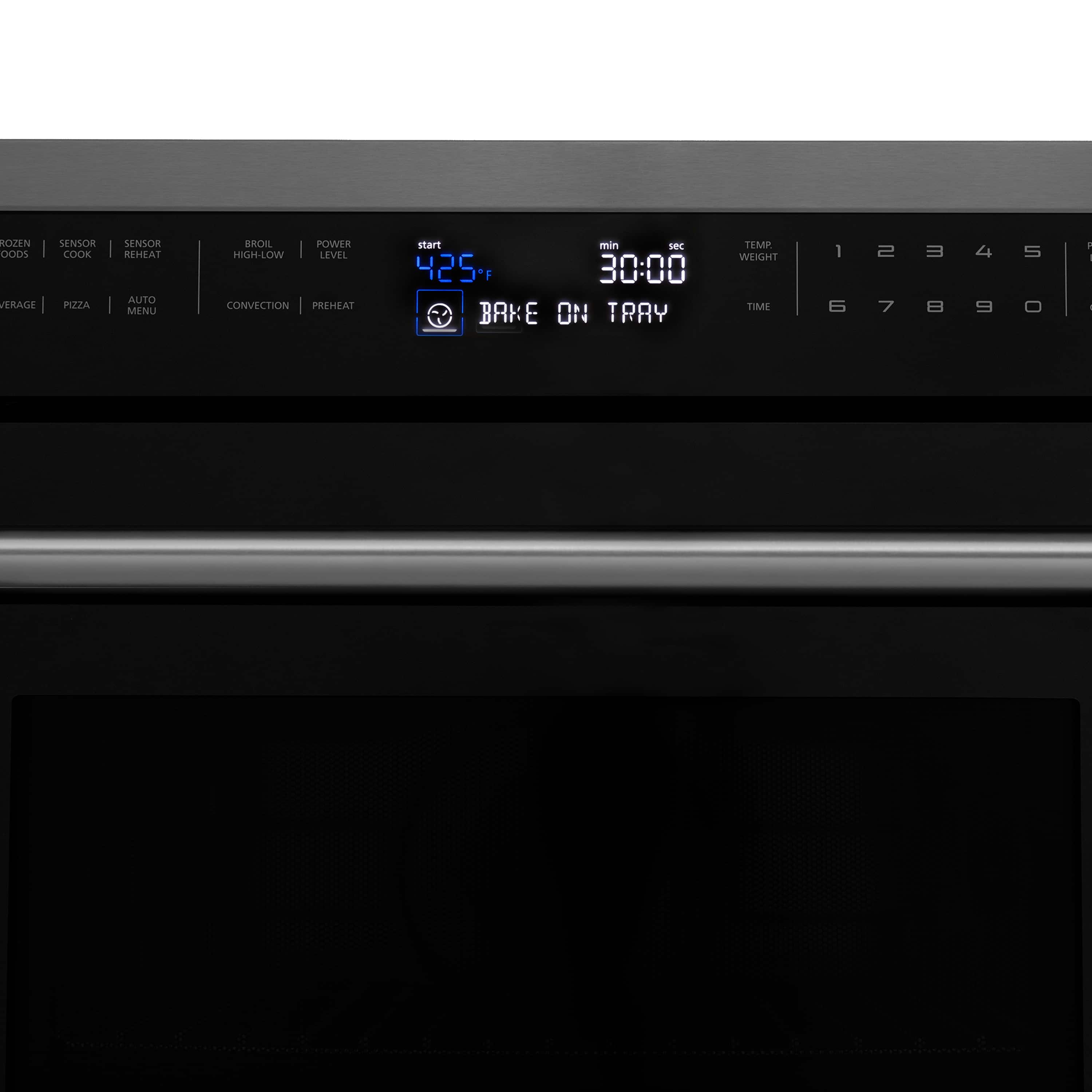 Electric wall oven control panel display showing 'BAKE ON TRAY' and time readout.