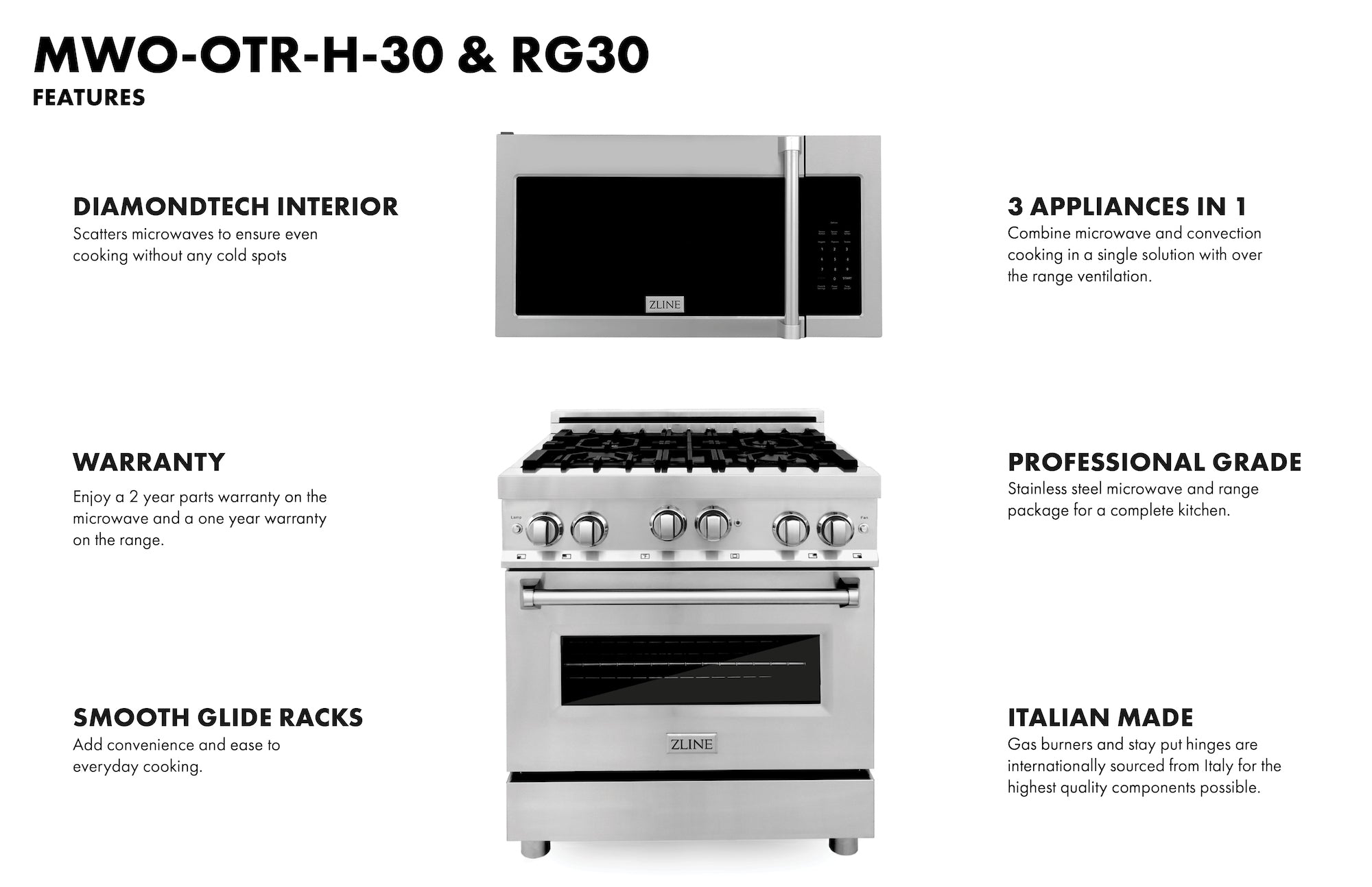 ZLINE microwave feature chart showing 3-in-1 design, diamondtech interior, warranty