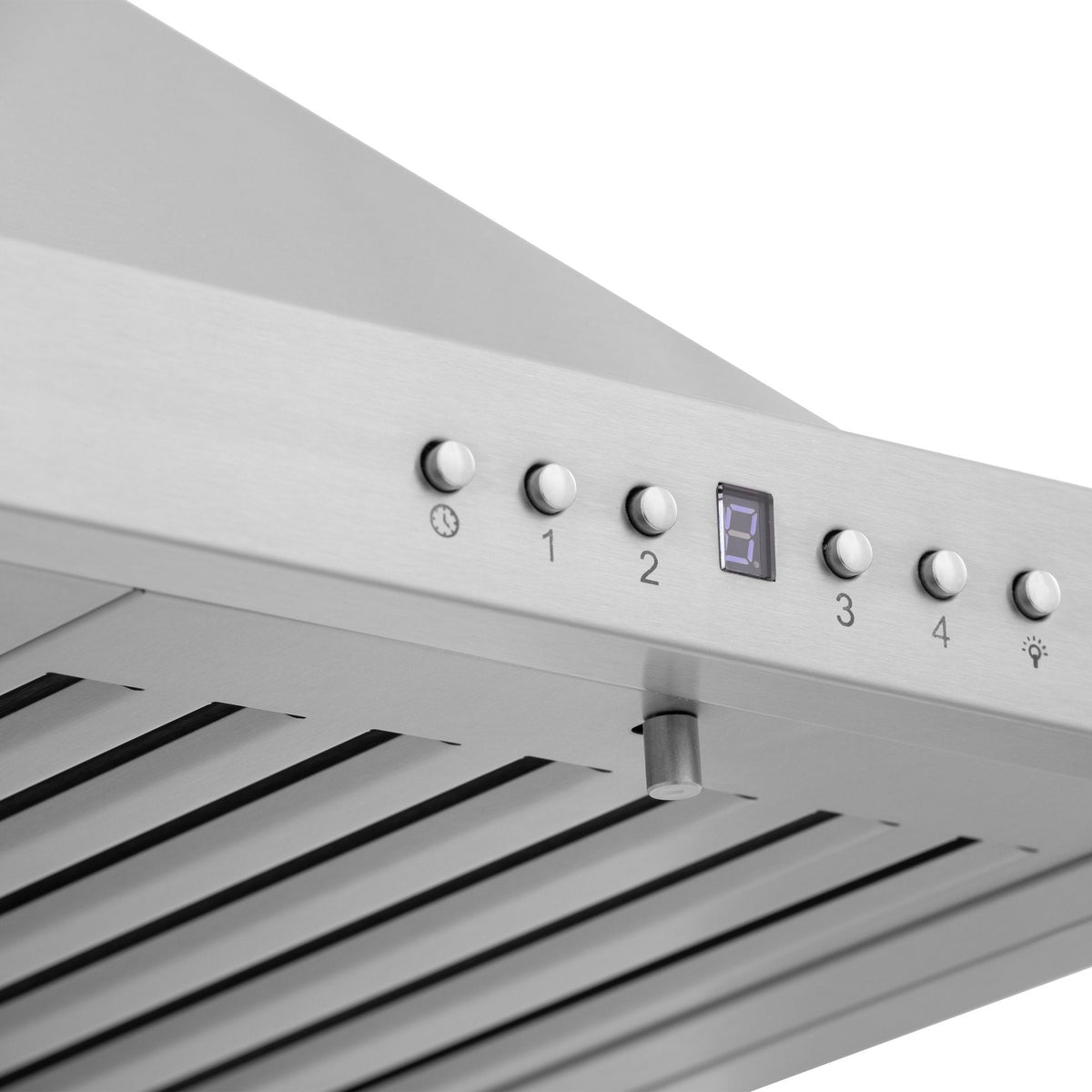 Stainless steel range hood control panel with buttons and digital display