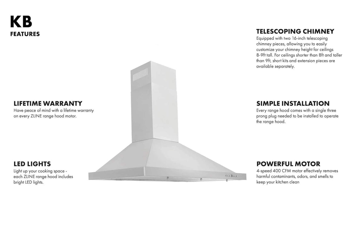 Stainless steel vent range hood with built-in LED lights and chimney stack