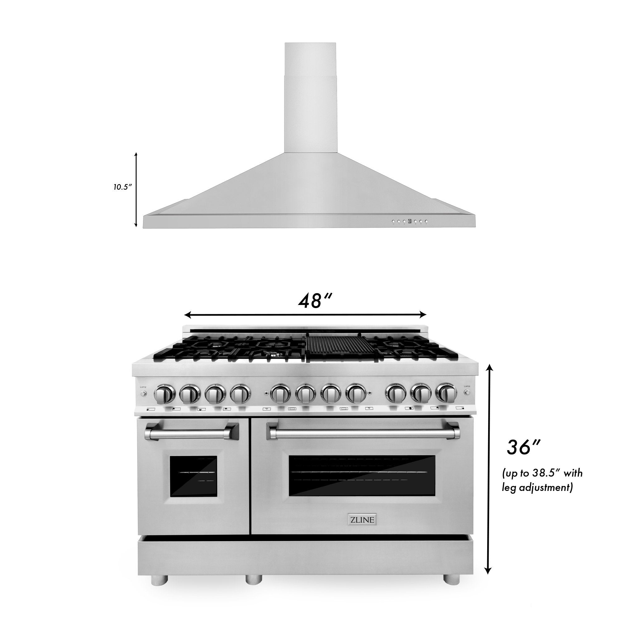 Stainless dual fuel range and hood with 48-inch width and 36-inch height