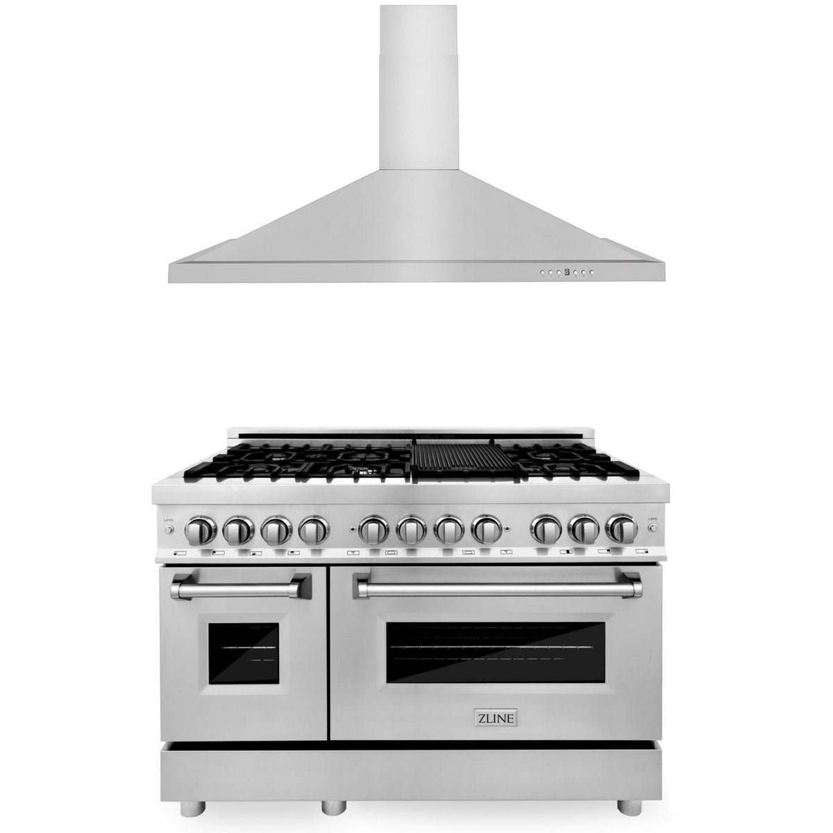 48-inch stainless dual fuel range with tall vent hood and double oven doors