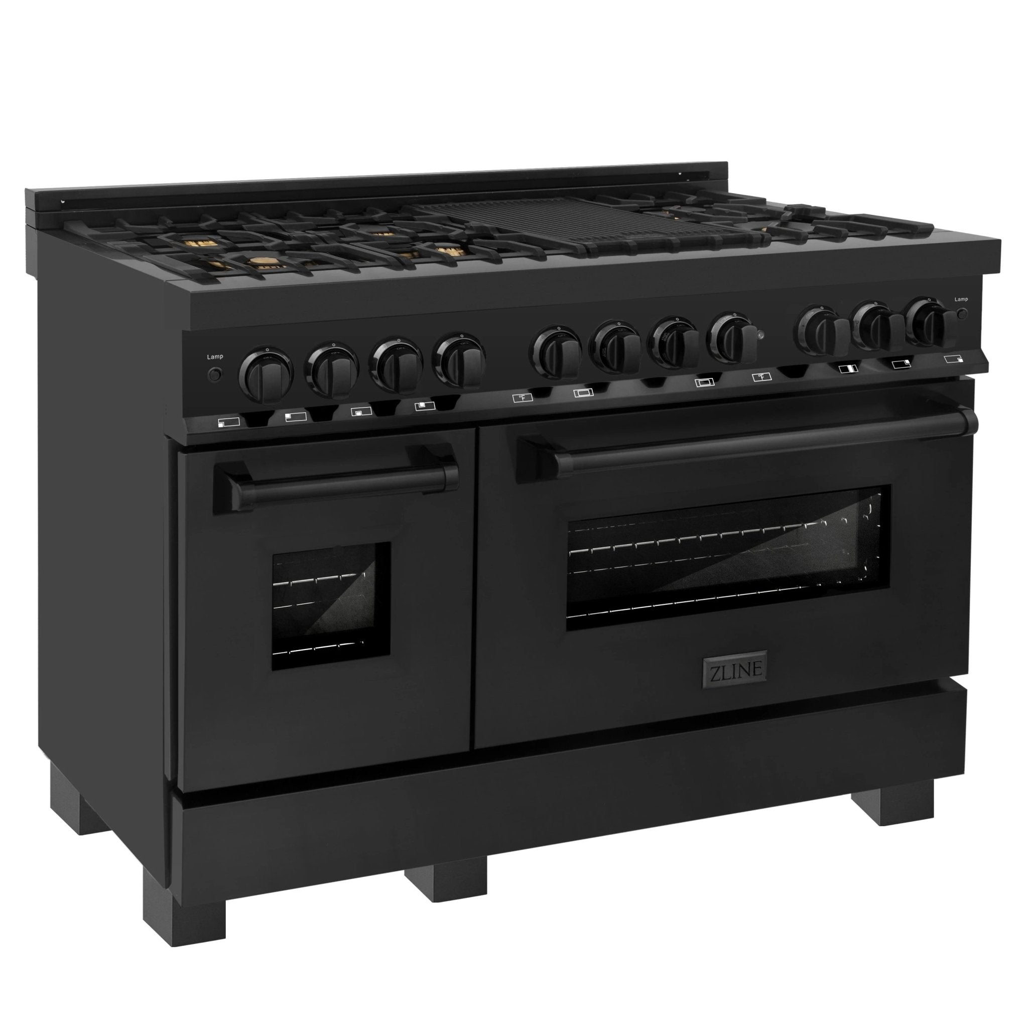 Black dual fuel range with two oven doors, front control knobs, and glass windows