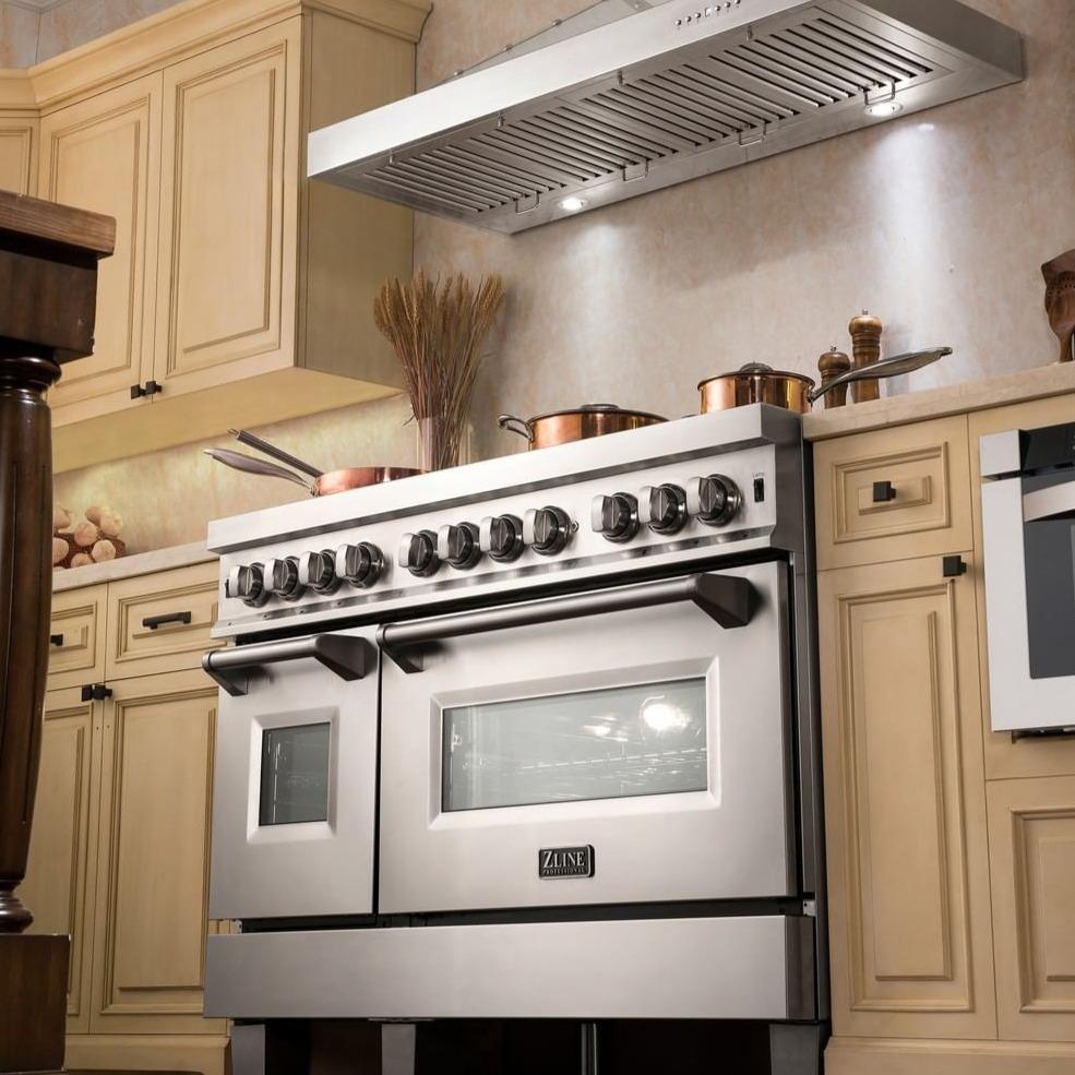 Stainless steel ZLINE gas range with knobs, viewing windows, and overhead hood