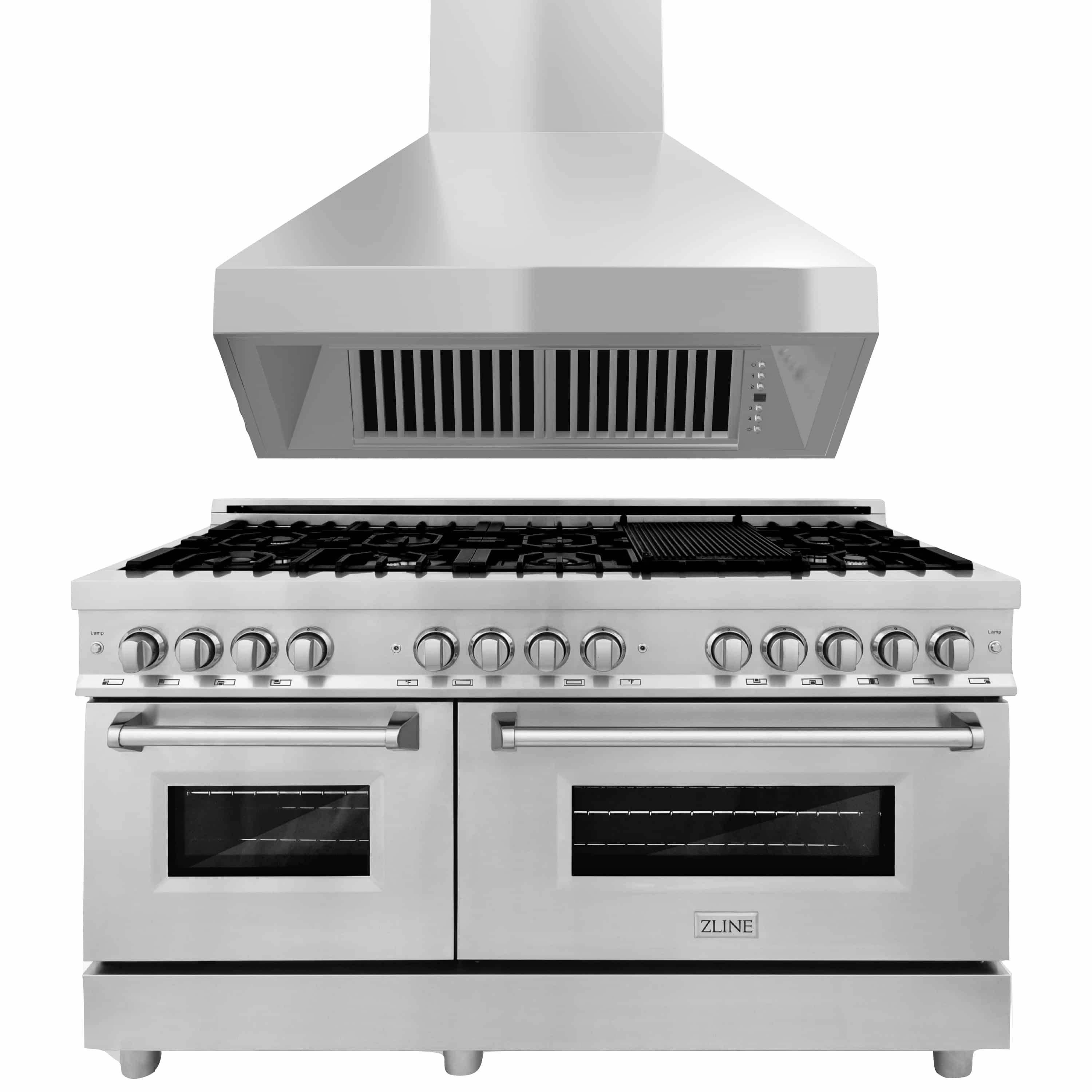 Stainless range with chimney hood, burner grates, and two front oven windows