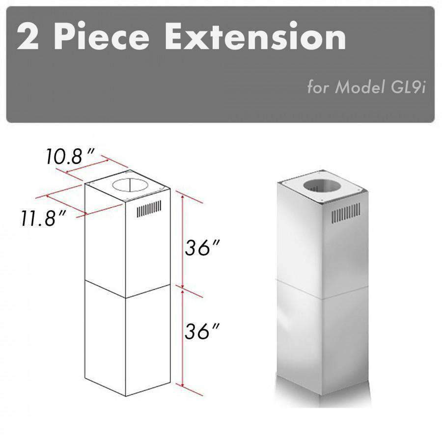 Stainless steel 2-piece chimney extension with rectangular vent opening, sized for Model GL9i