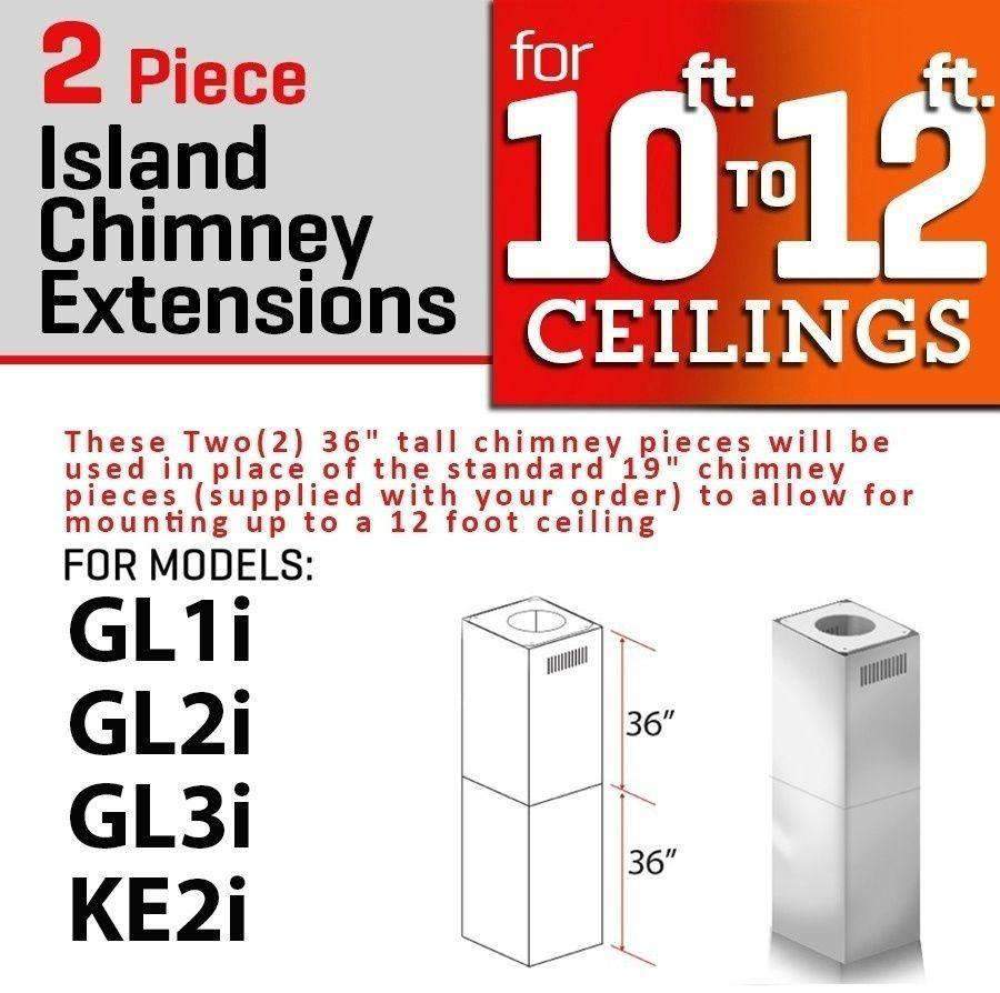 Stainless steel 2-piece island chimney extensions, stacked tall housings with top openings