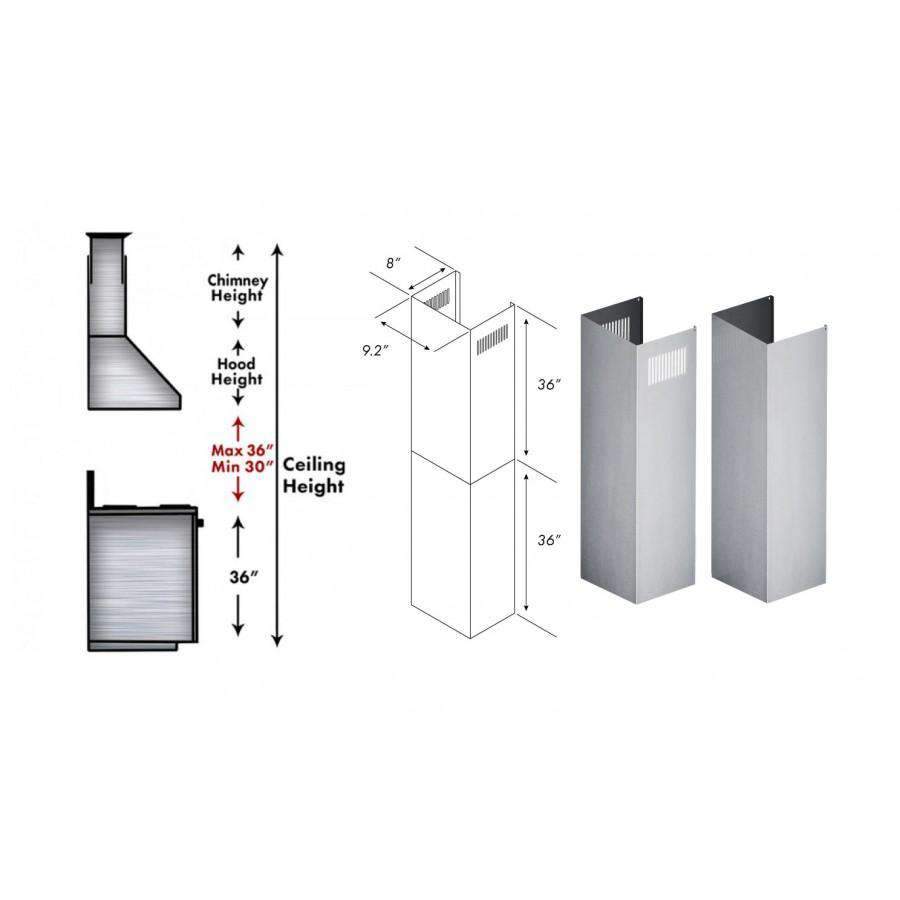 Chimney extension installation diagram with ceiling and hood height measurements