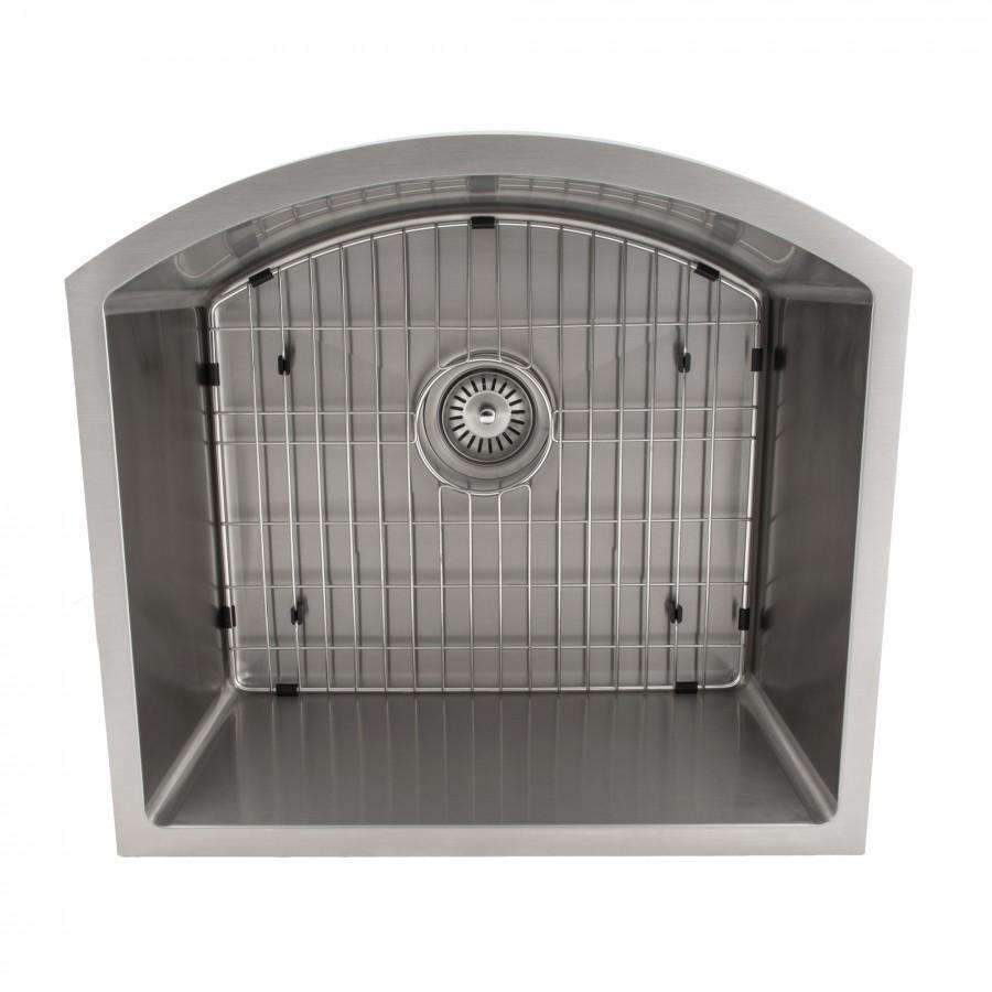 Front view of stainless steel single-bowl sink with wire rack and basket strainer