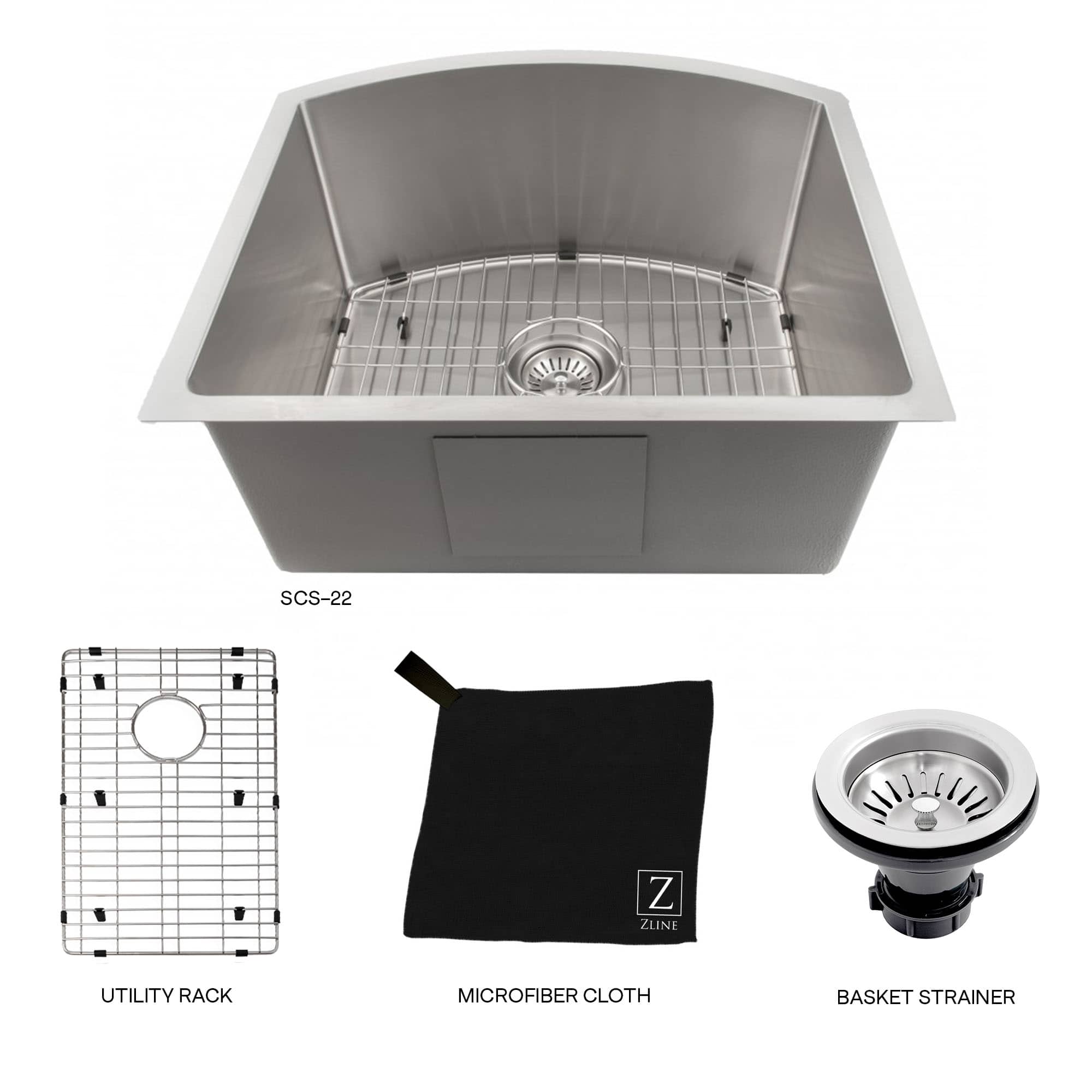 Stainless steel sink set showing bottom basin, wire rack, microfiber cloth, and strainer