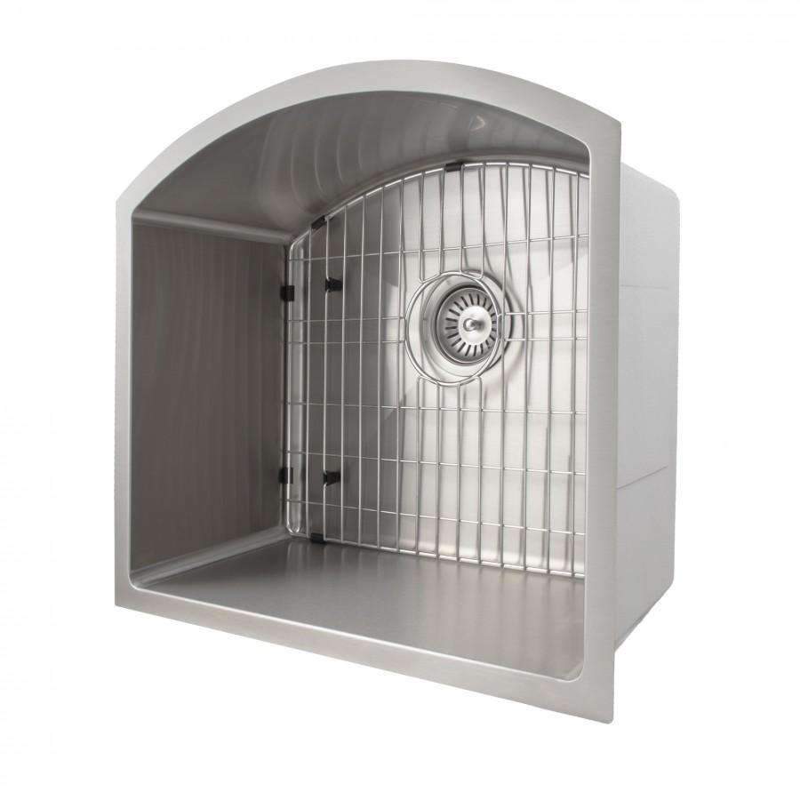 Single-bowl stainless steel sink with bottom wire rack and basket strainer opening