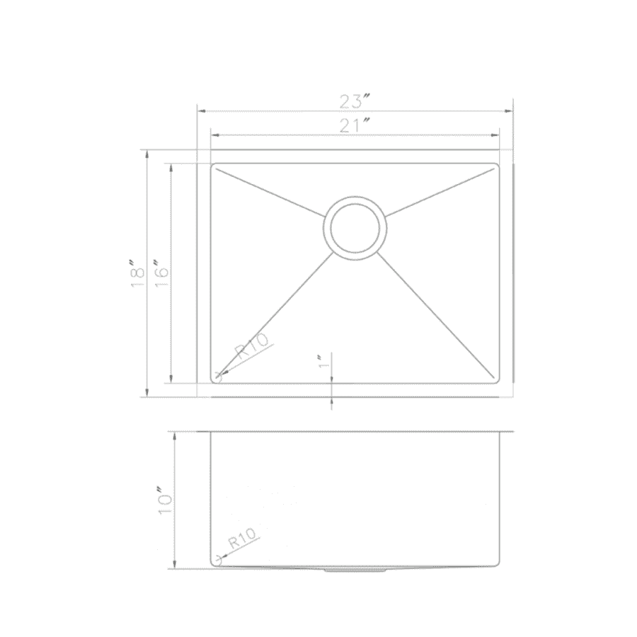 Kitchen sink dimension diagram with 23-inch and 18-inch measurements