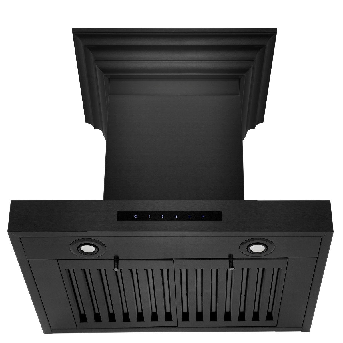 Black wall-mount range hood underside with two round lights and vent slots
