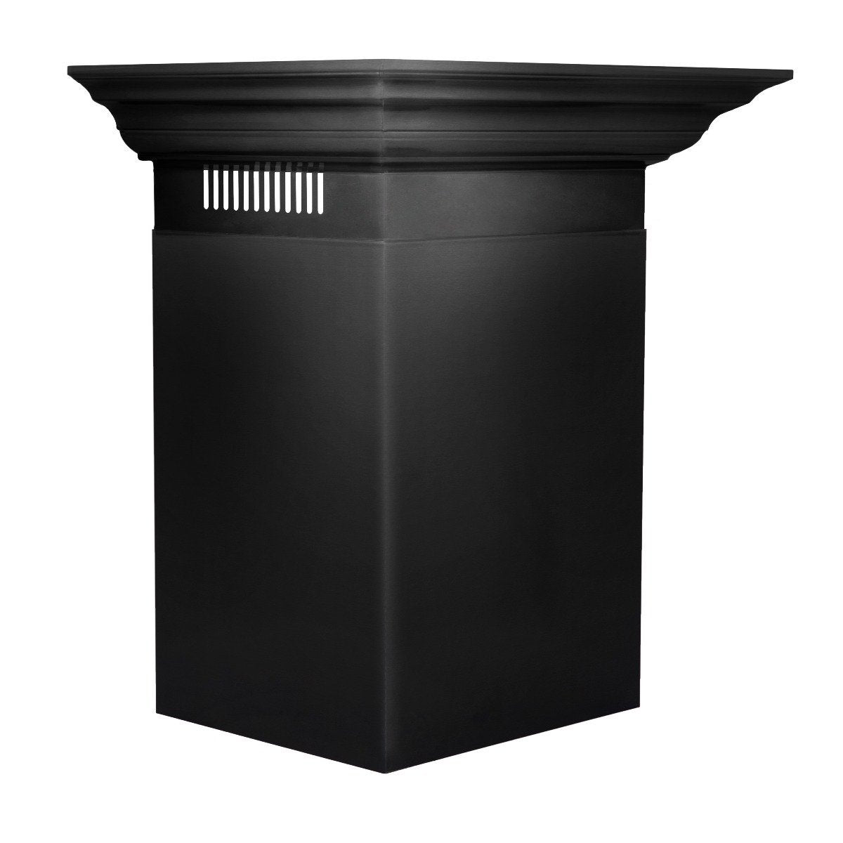 Black wall-mount range hood, crown-molding chimney body, vent grille