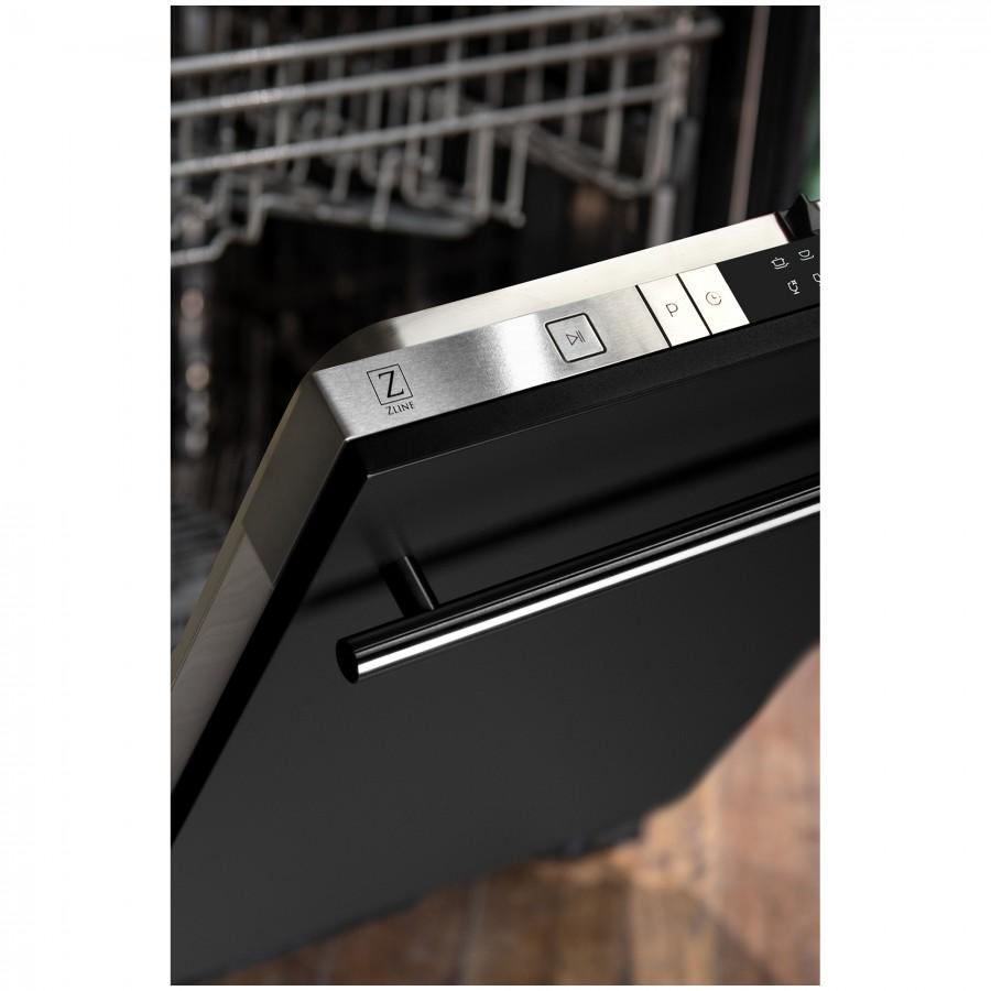Black matte dishwasher door with stainless handle and control buttons