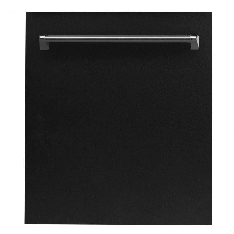Black matte dishwasher front panel with stainless bar handle