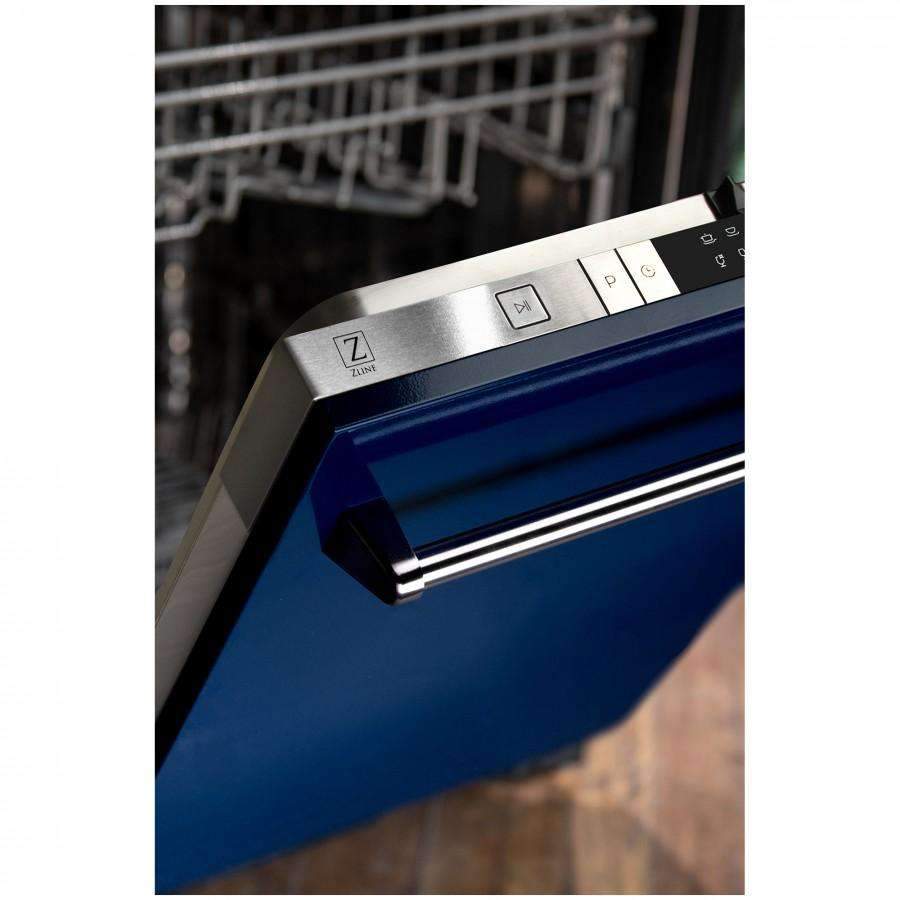 Blue-gloss dishwasher door with stainless traditional handle and control buttons