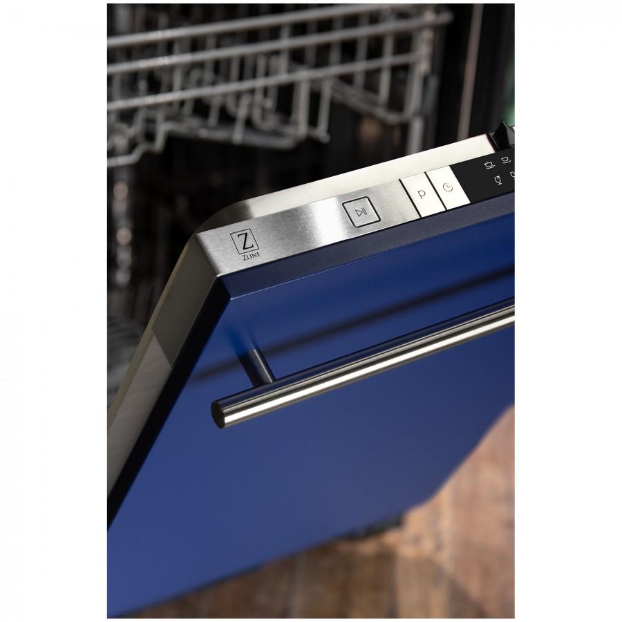 Dishwasher control buttons and modern stainless handle on blue matte door