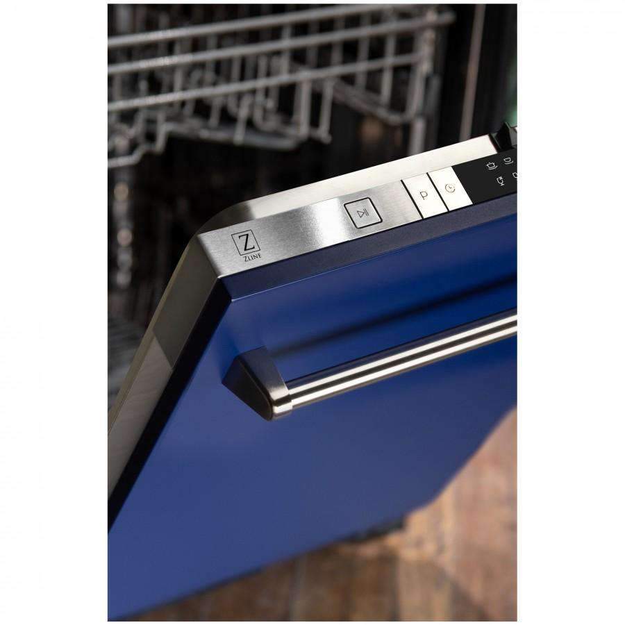 Blue matte dishwasher front with stainless handle and control panel