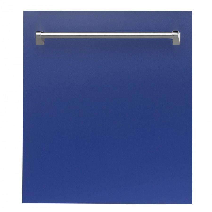Blue matte built-in dishwasher door with traditional stainless steel bar handle