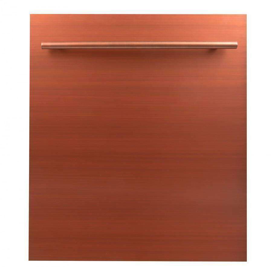 Copper-finish dishwasher door with horizontal stainless steel bar handle