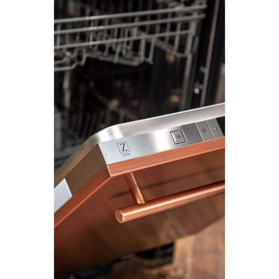 Close-up of copper dishwasher door edge with stainless steel handle and control buttons