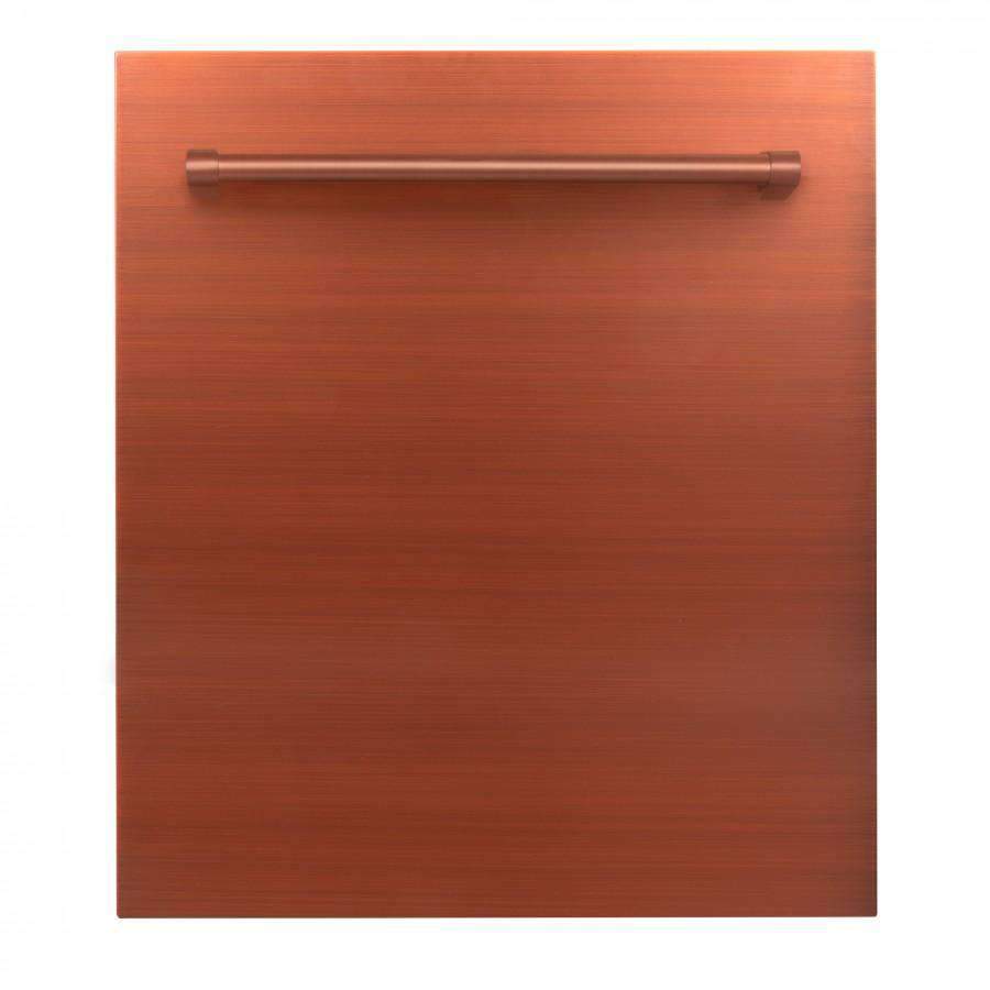 Copper dishwasher door panel with horizontal stainless pull handle