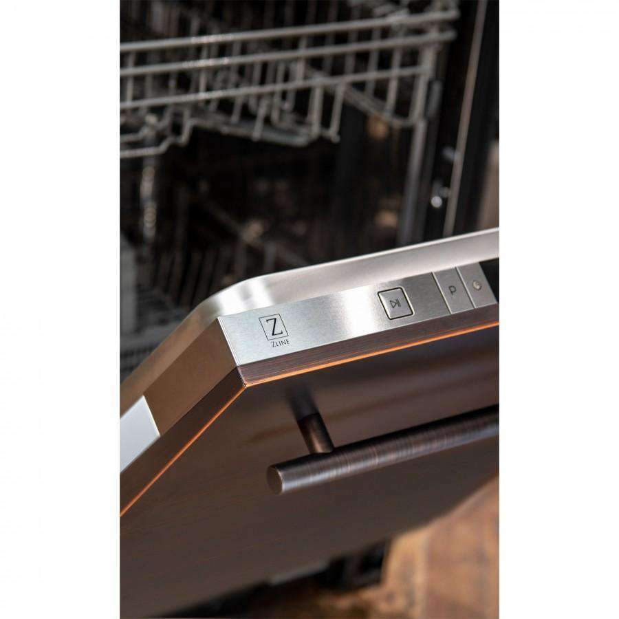 Dishwasher front control strip with stainless finish and oil-rubbed bronze handle