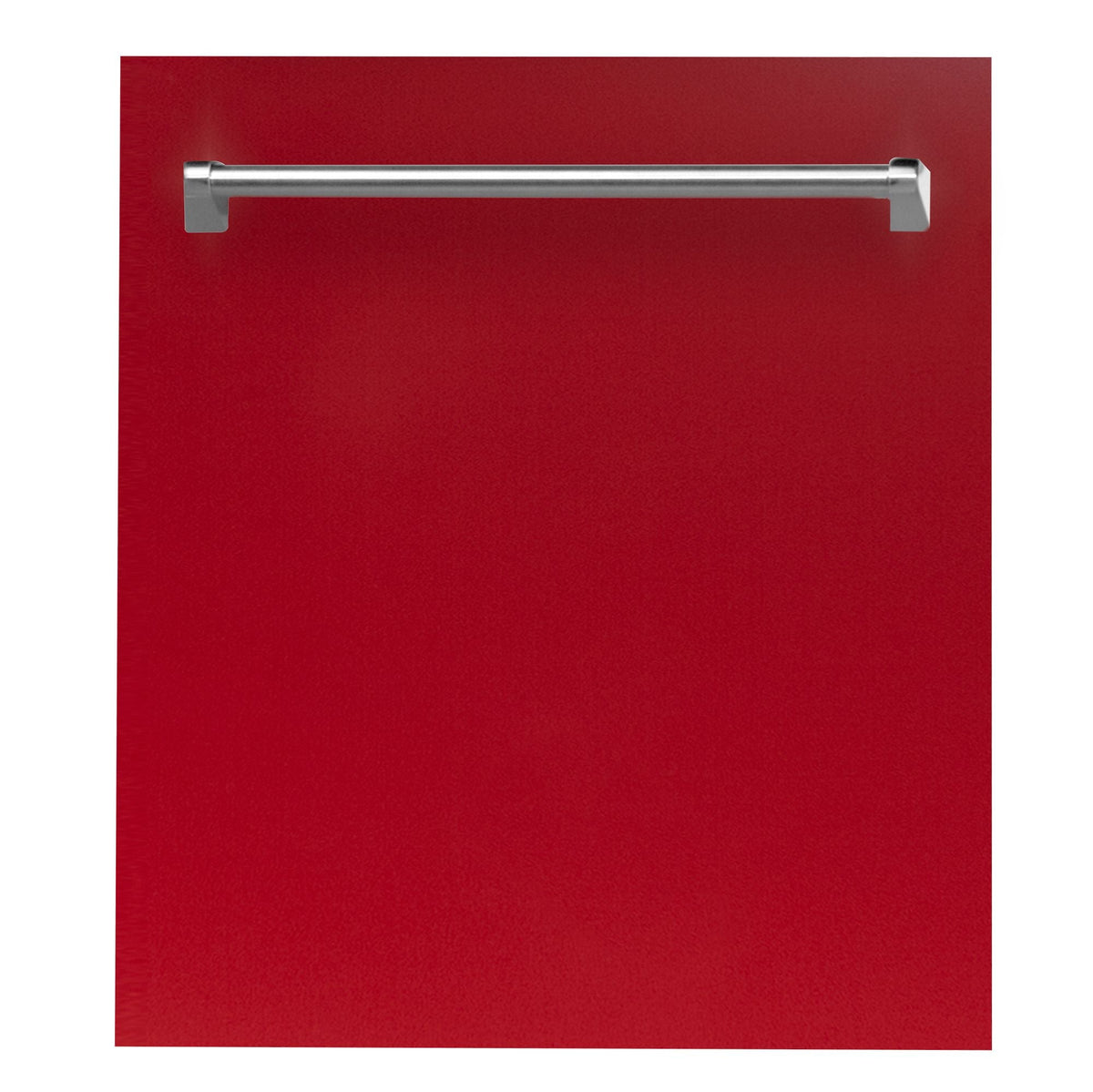 Red gloss dishwasher door with stainless horizontal handle bar