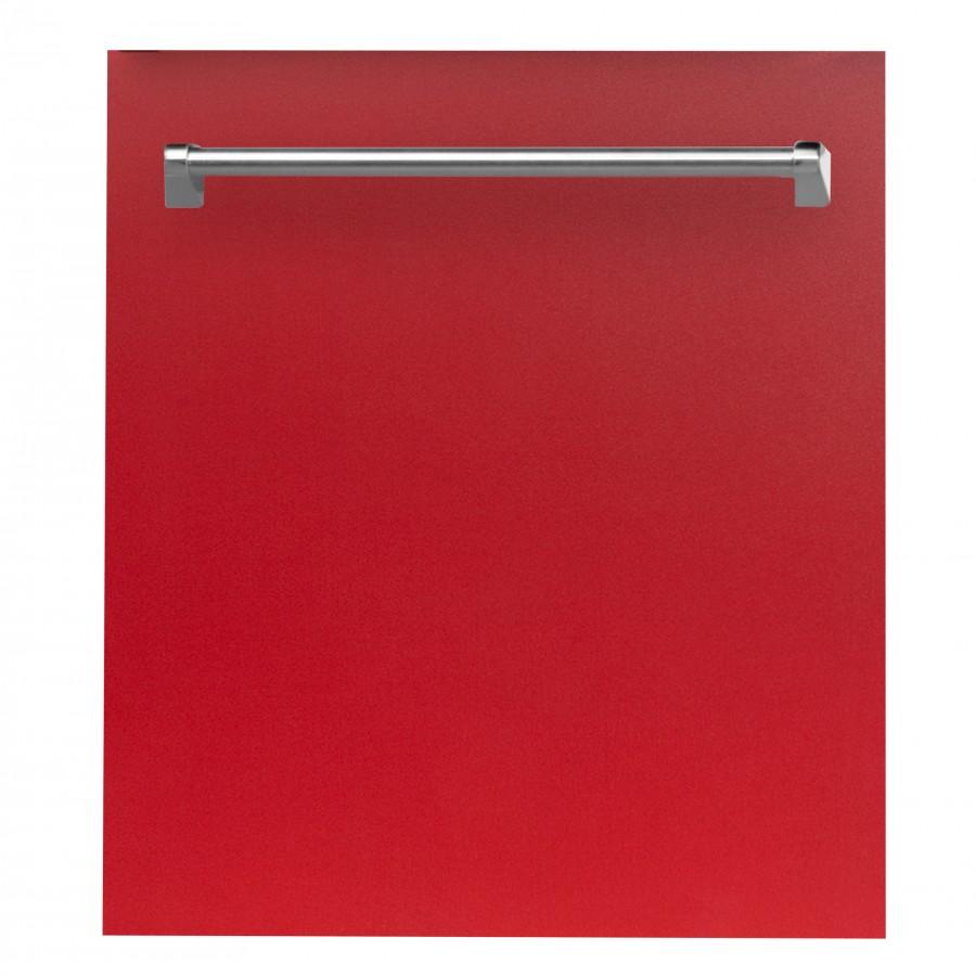 Red matte dishwasher door panel with traditional horizontal metal handle