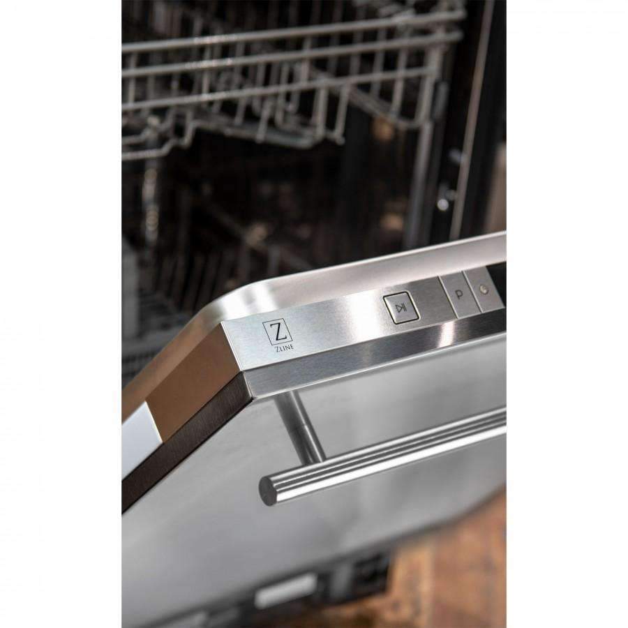 Stainless steel dishwasher control panel with illuminated icons and bar handle