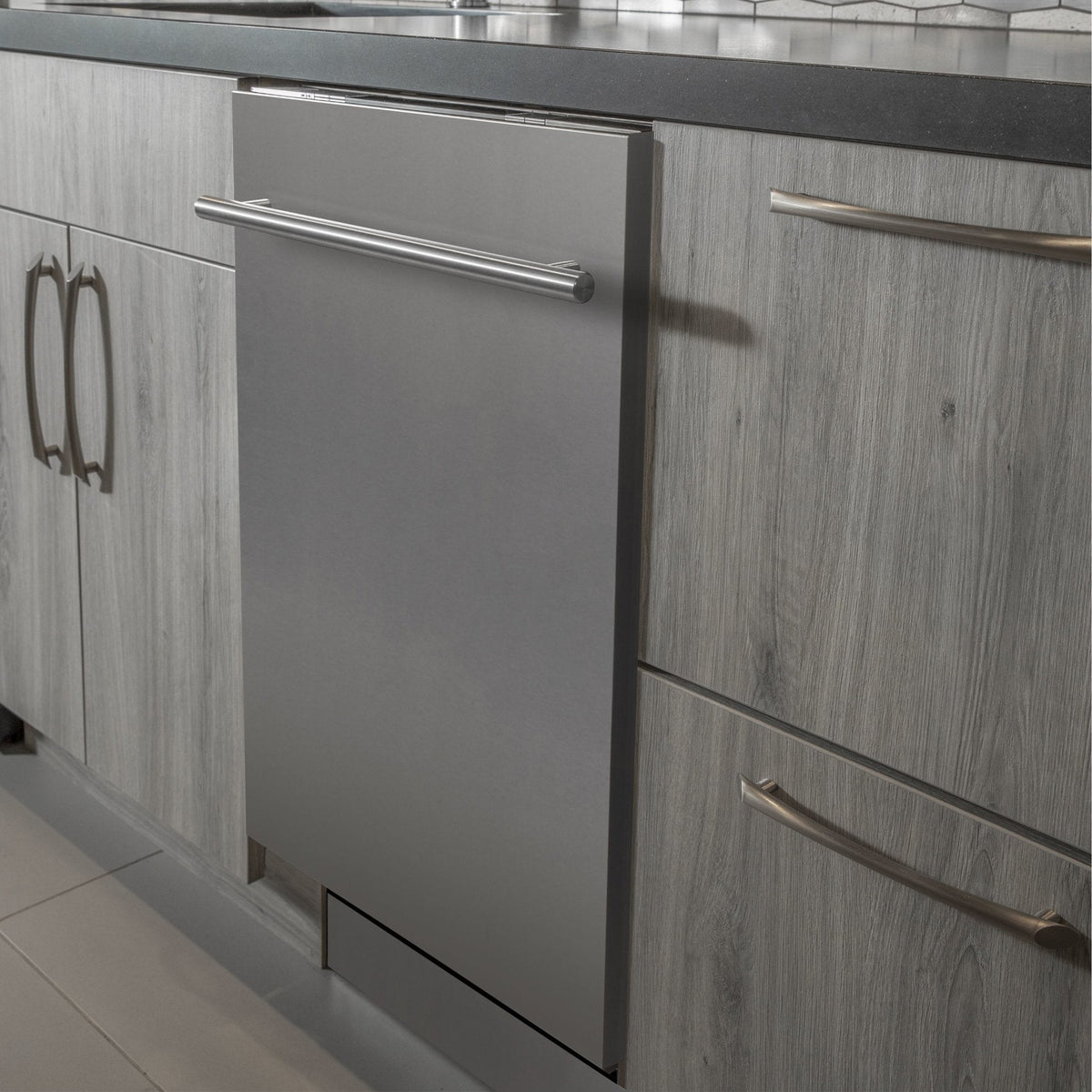 24-inch stainless steel built-in dishwasher with modern horizontal handle and dark door panel
