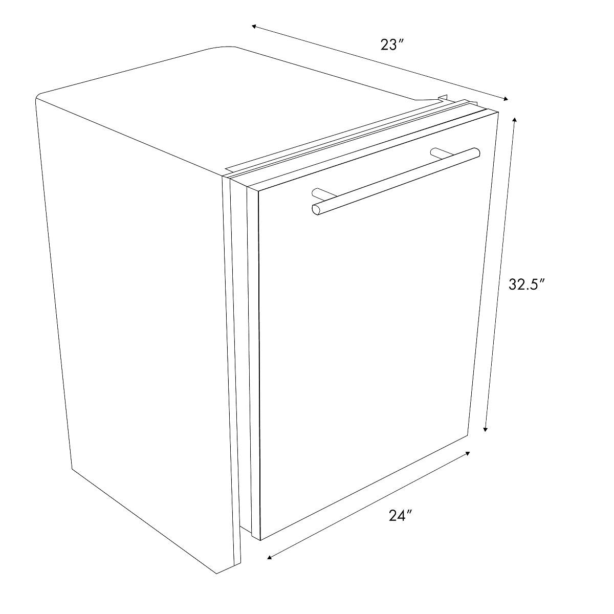Stainless steel dishwasher dimensions diagram with 23-inch depth and 32.5-inch height