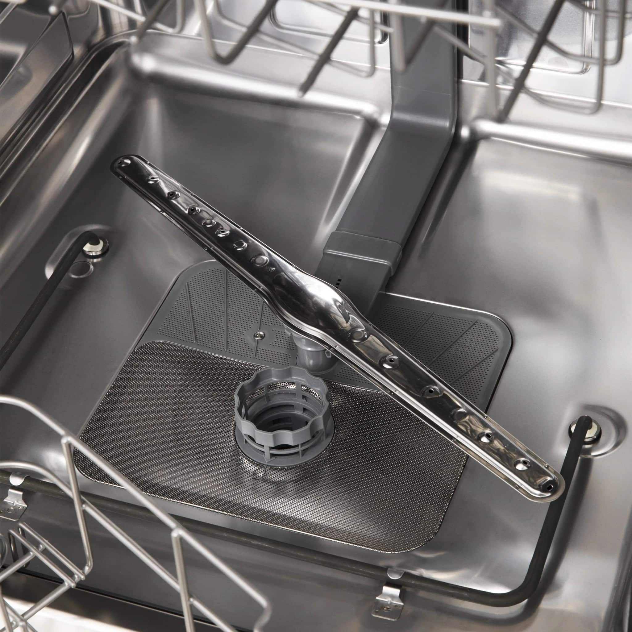 Stainless steel dishwasher tub with traditional metal handle and spray jets