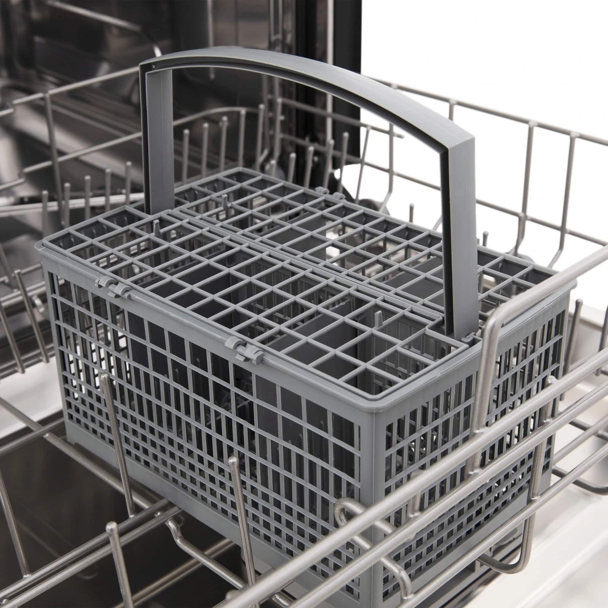 Stainless steel dishwasher rack with gray wire baskets and utensil zone