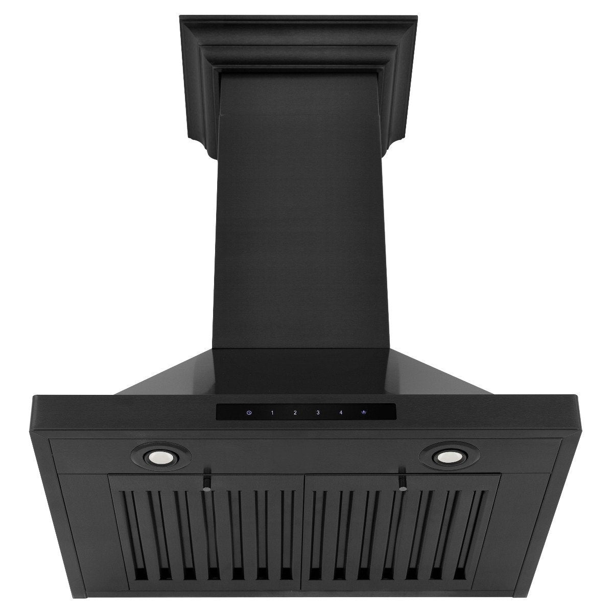 Black range hood front panel with two round openings and vent grills