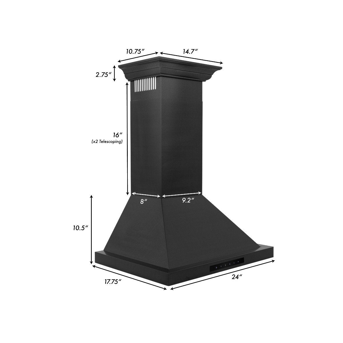Black range hood dimensions diagram, 24 in wide canopy