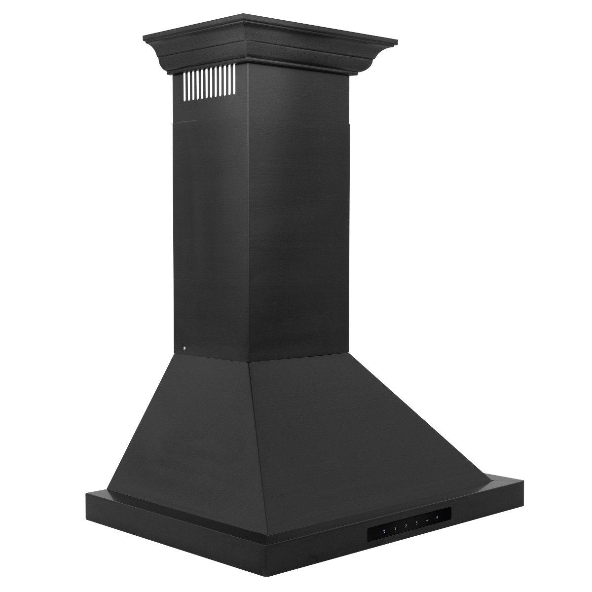 Black chimney-style range hood with slatted top vent and wide base