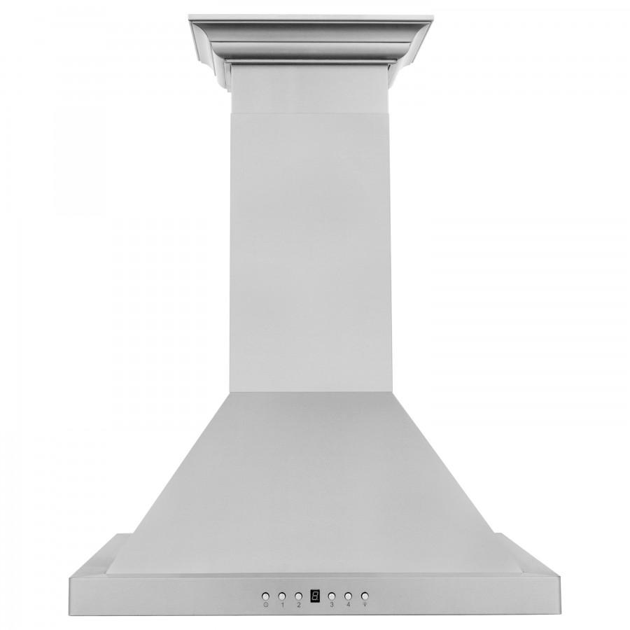 Light gray wall-mount range hood with flared chimney and wide canopy