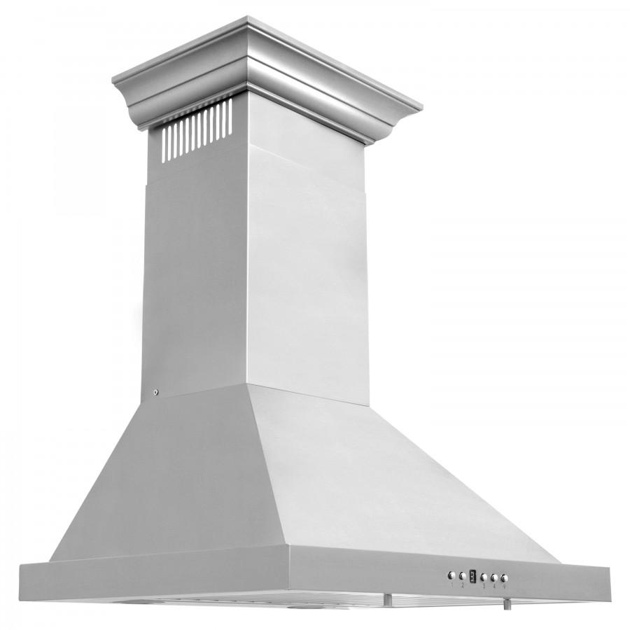 Light gray convertible range hood with chimney column and curved canopy