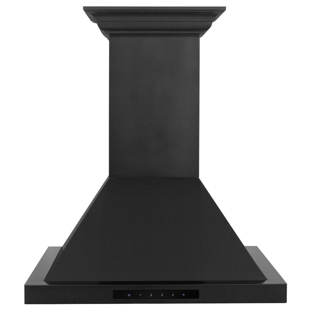 Black wall-mount range hood with wide chimney stack and flat canopy