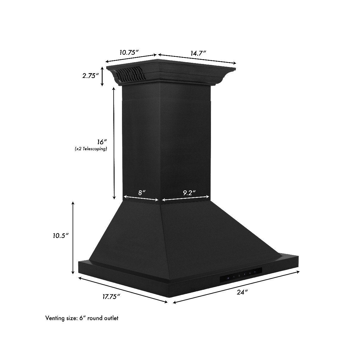 Black wall-mount range hood with vent size dimensions diagram
