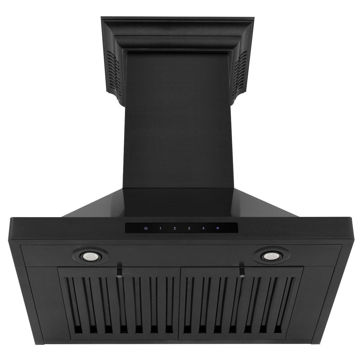 Black range hood underside with control panel, vent grille, and two round vents