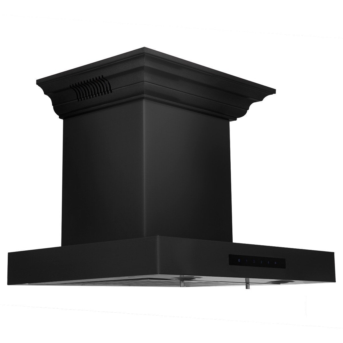 Black wall mount range hood with chimney and curved glass canopy-style base