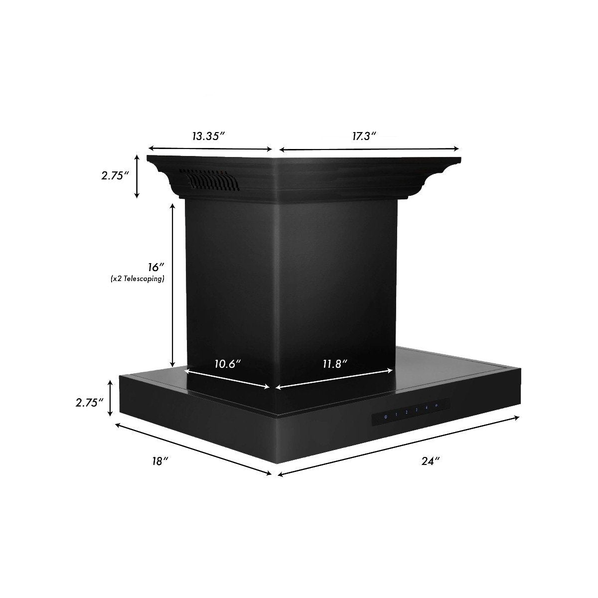 Black wall mount range hood size diagram with chimney and base dimensions