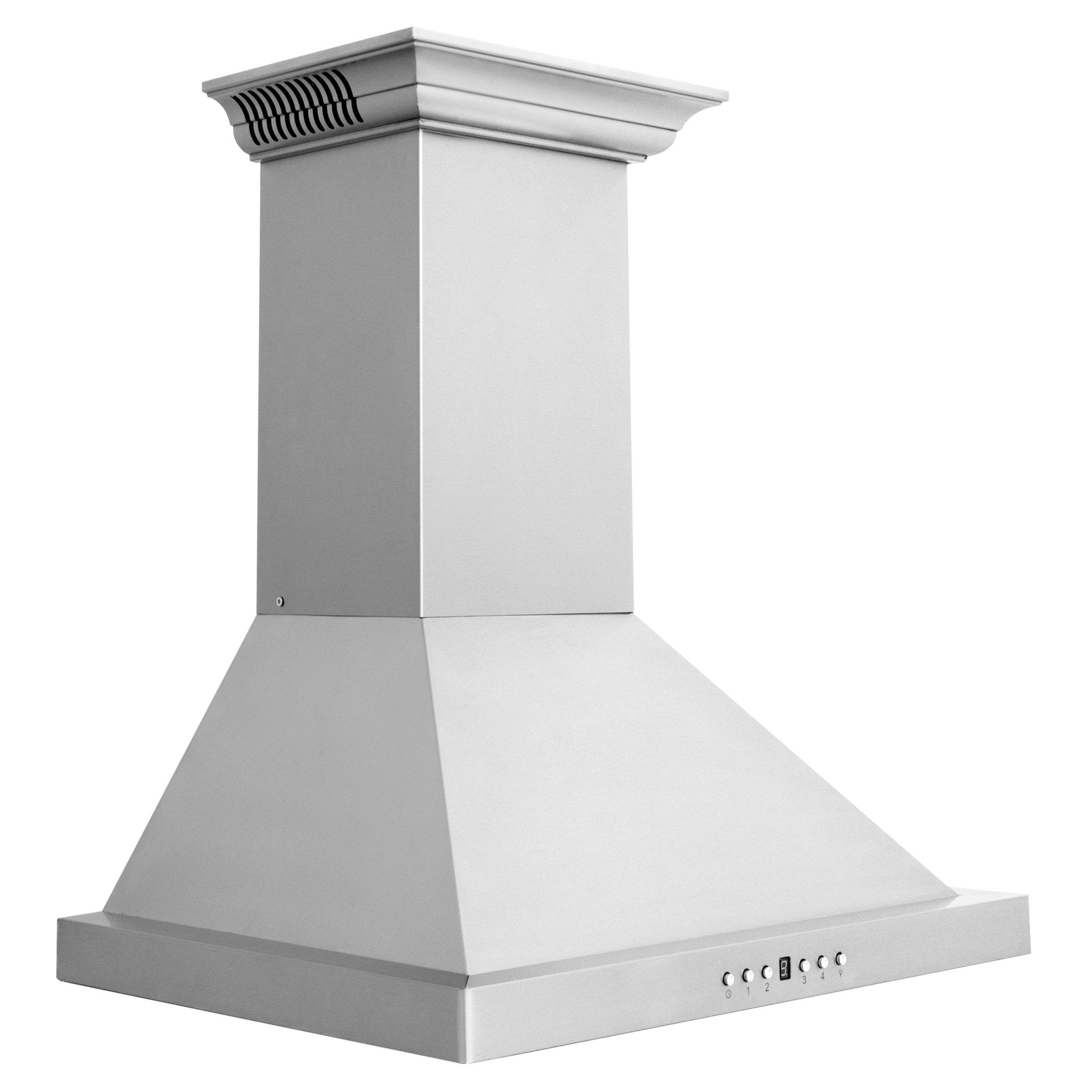 Stainless steel wall mount range hood with control panel and built-in speakers