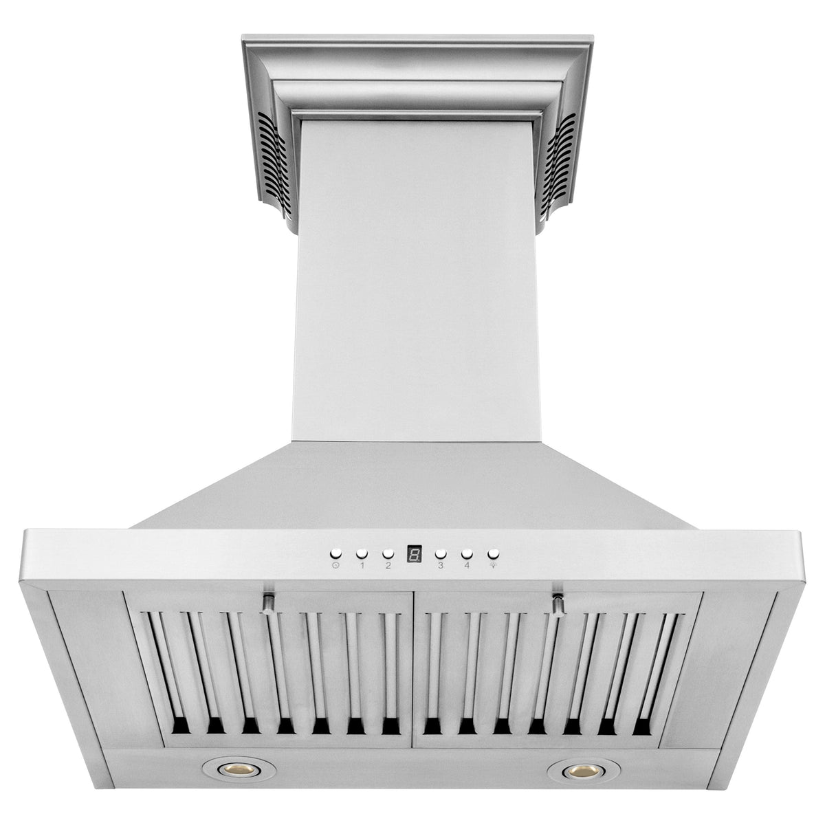 Stainless steel wall mount range hood with vent grille and control buttons