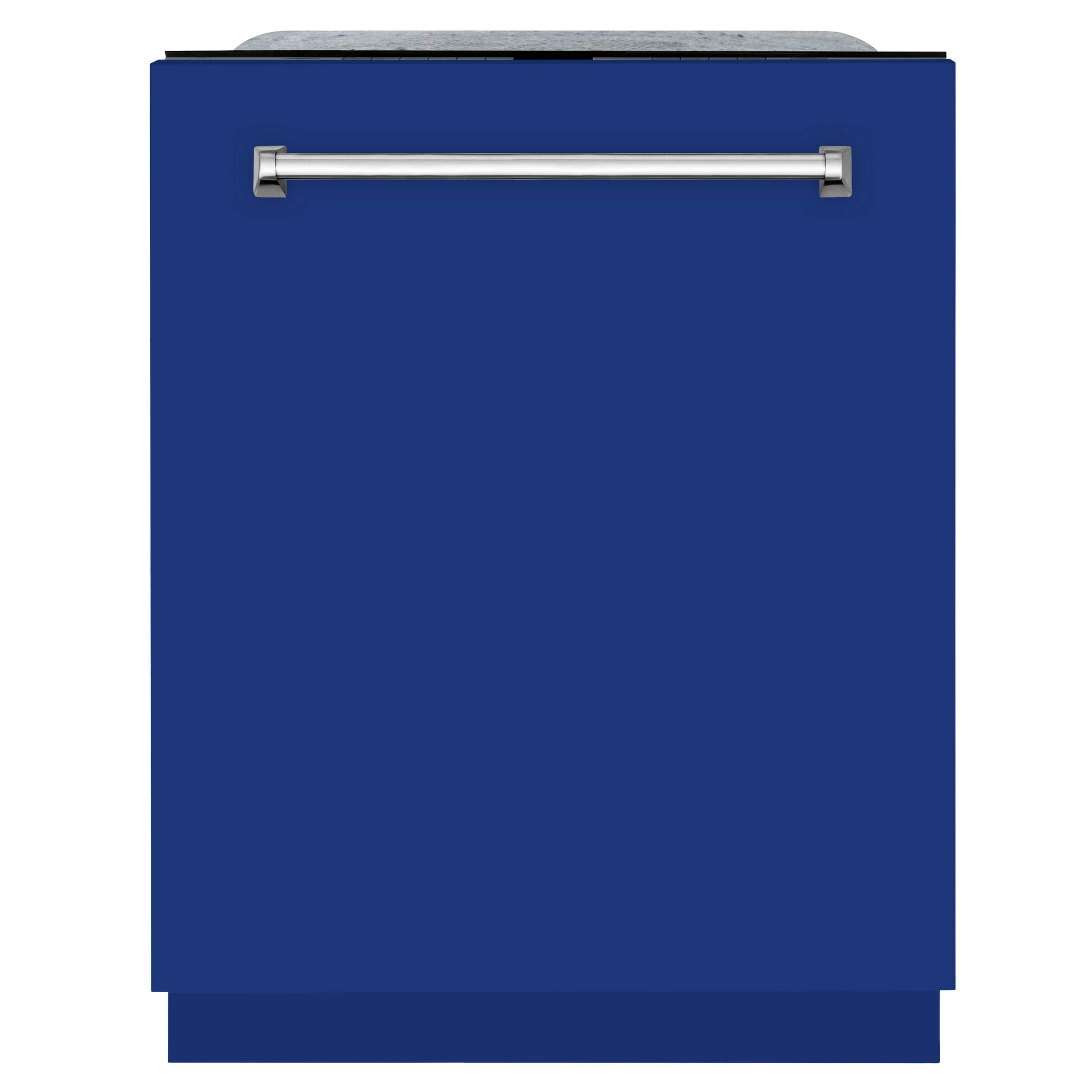Blue gloss dishwasher front with stainless handle bar and control panel