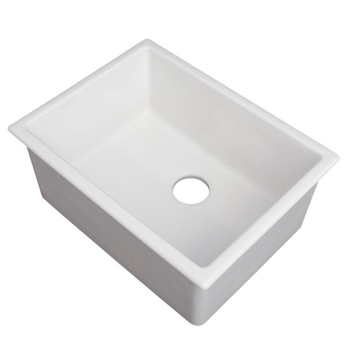 White single-bowl fireclay kitchen sink with centered drain opening